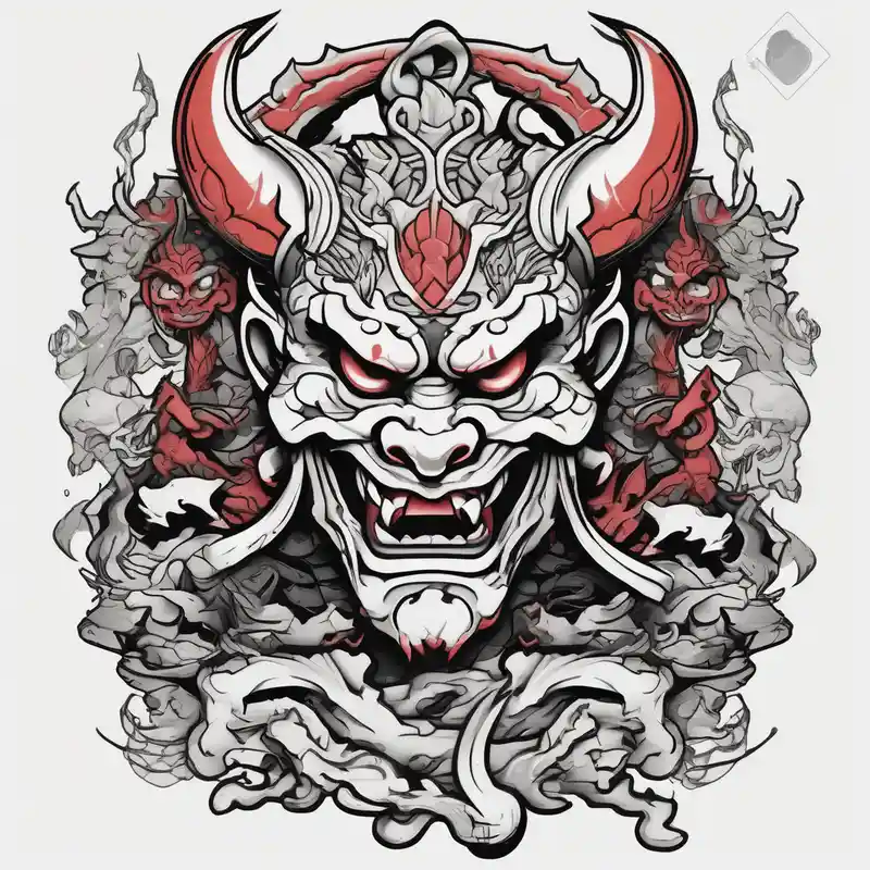cartoon style Street Life Tattoo Ideas in 2025 & free generation about Back Tattoo with An Oni With a broken mask and a Sword and Dragons & snakes street life tattoo ideas